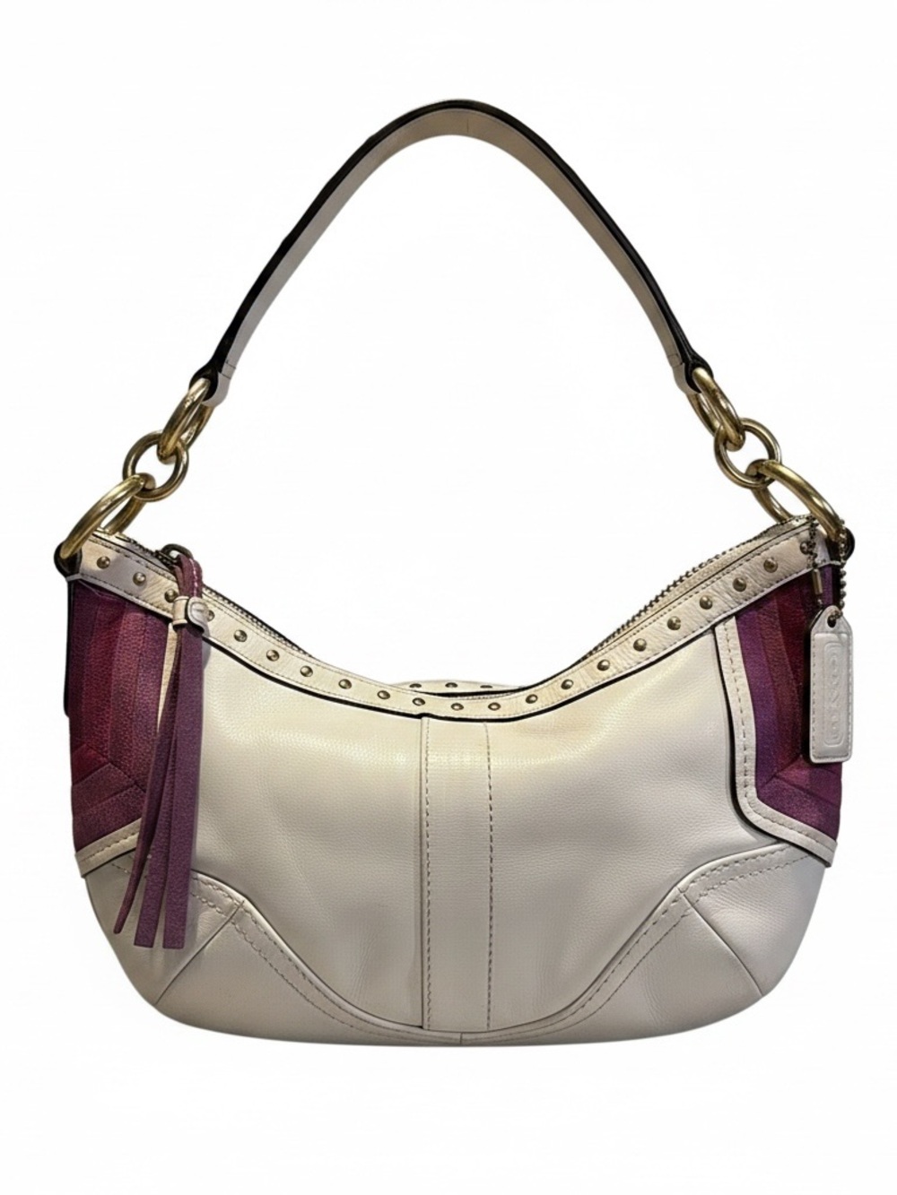 Coach Cream and Plum Shoulder Hobo with Stud Accents